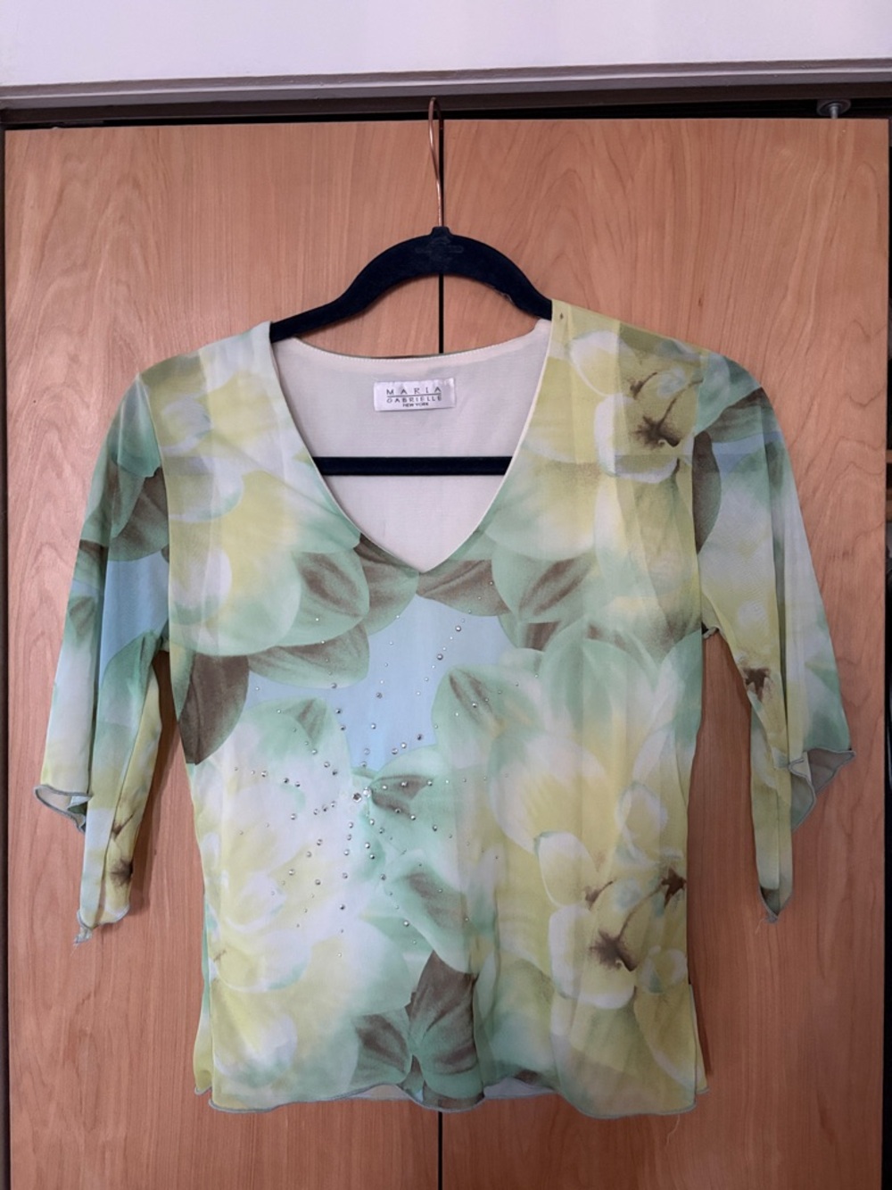 Floral V-Neck Sheer Top with Rhinestones y2k vintage aqua